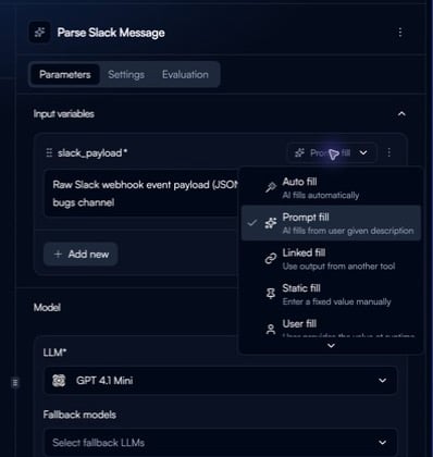 A Flow node's Parameters sidebar with the Input variables fill-method menu open.