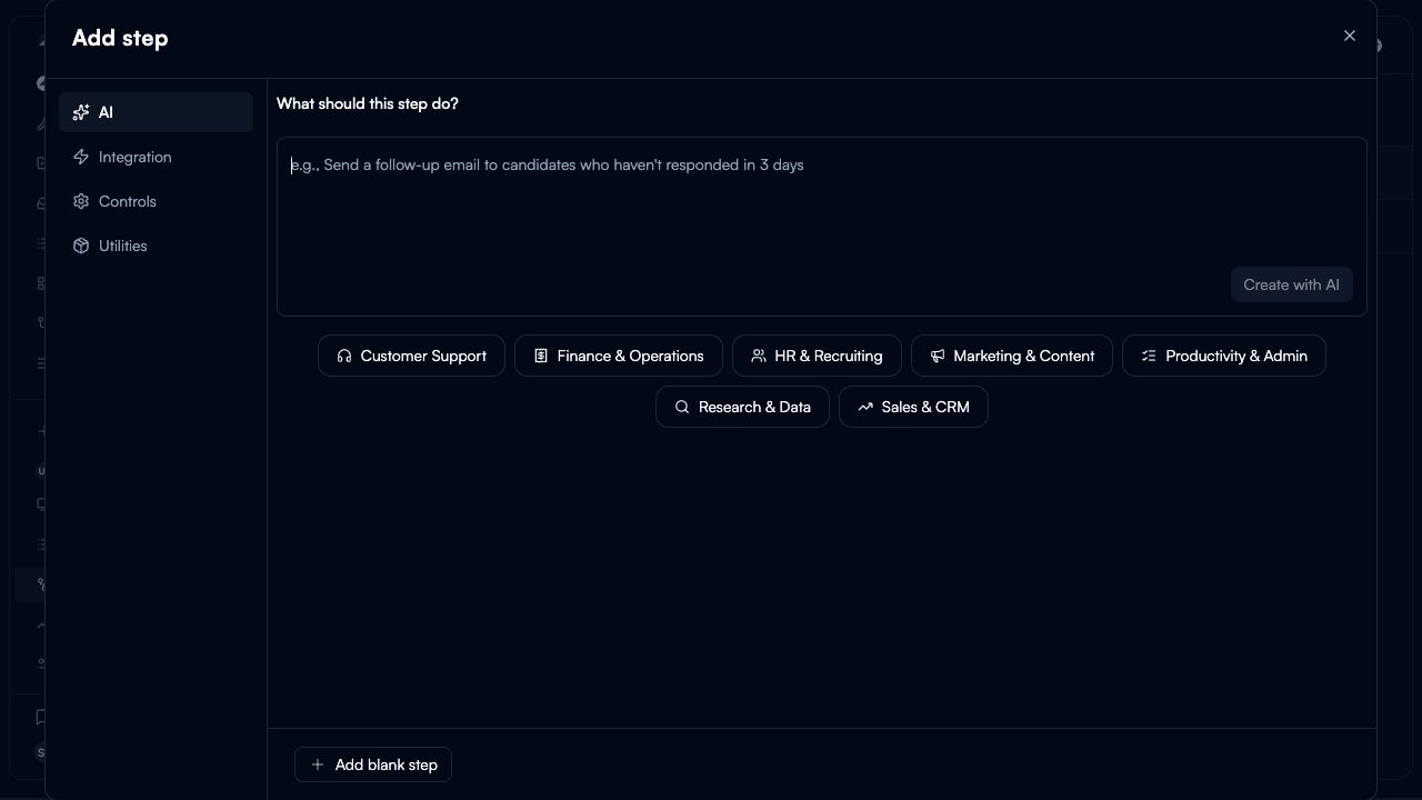 Current Add step modal with AI, Integration, Controls, and Utilities categories, a task description field, Create with AI, and Add blank step