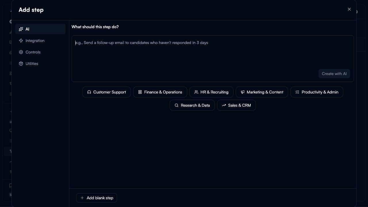 Current Add step modal with AI, Integration, Controls, and Utilities categories, a task description field, Create with AI, and Add blank step