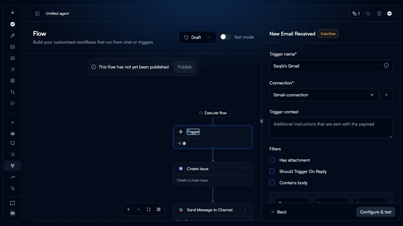 Current Gmail New Email Received trigger configuration with trigger name, Gmail connection, trigger context, filters, and Configure and test