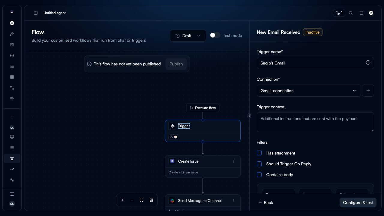 Current Gmail New Email Received trigger configuration with trigger name, Gmail connection, trigger context, filters, and Configure and test