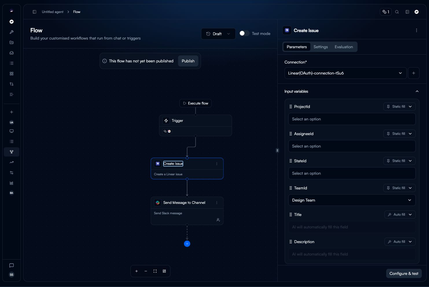 Current Flow tool-node sidebar showing a Linear connection, input variables with Static fill and Auto fill, and the Configure and test button