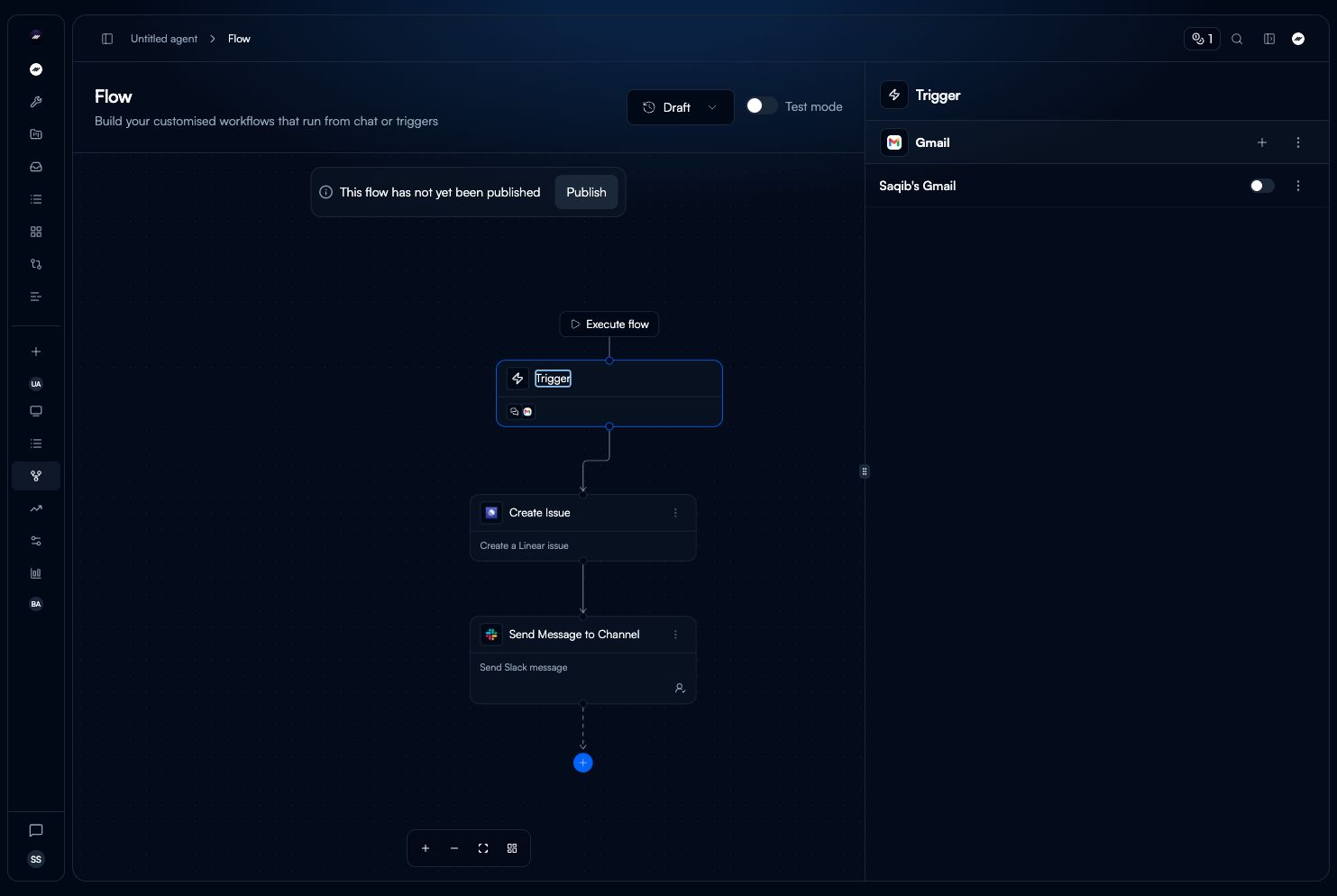 Current Flow canvas with Trigger, Linear Create Issue, and Slack Send Message to Channel nodes, with the Trigger sidebar open