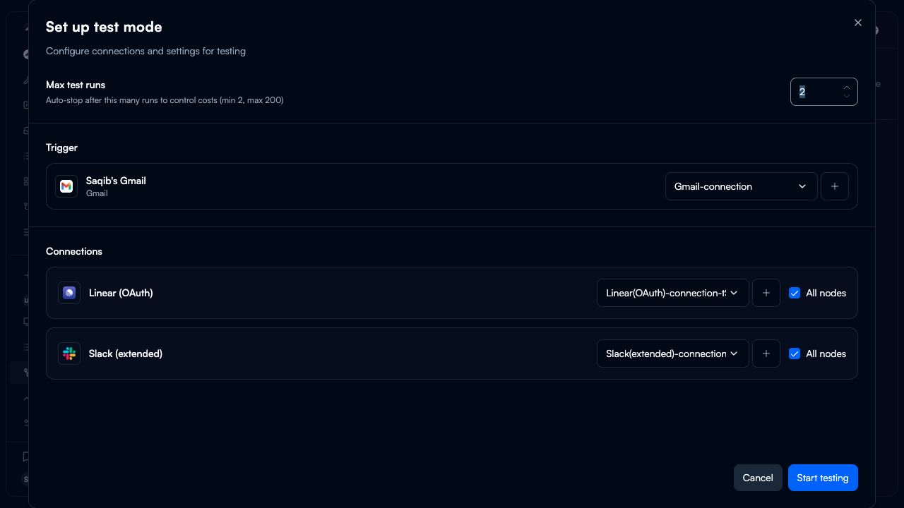 The Set up test mode dialog in Flow, showing the max test runs field and connections for Gmail, Linear, and Slack.