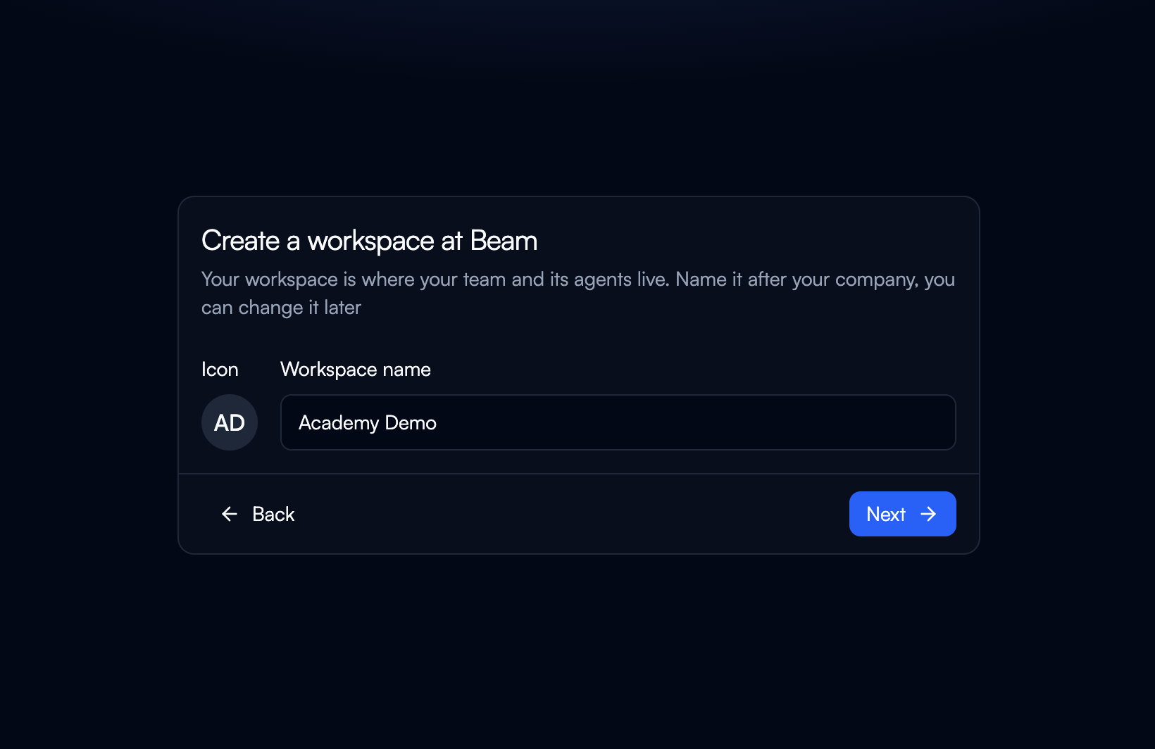 The Create a workspace at Beam screen with the Icon uploader, a Workspace name filled in, and the Back and Next buttons