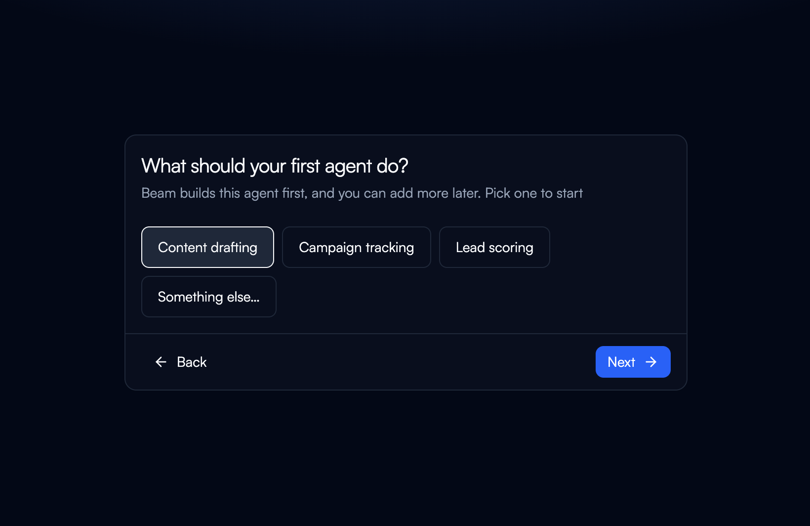 The What should your first agent do? screen showing three suggestions for the chosen role and the Something else option