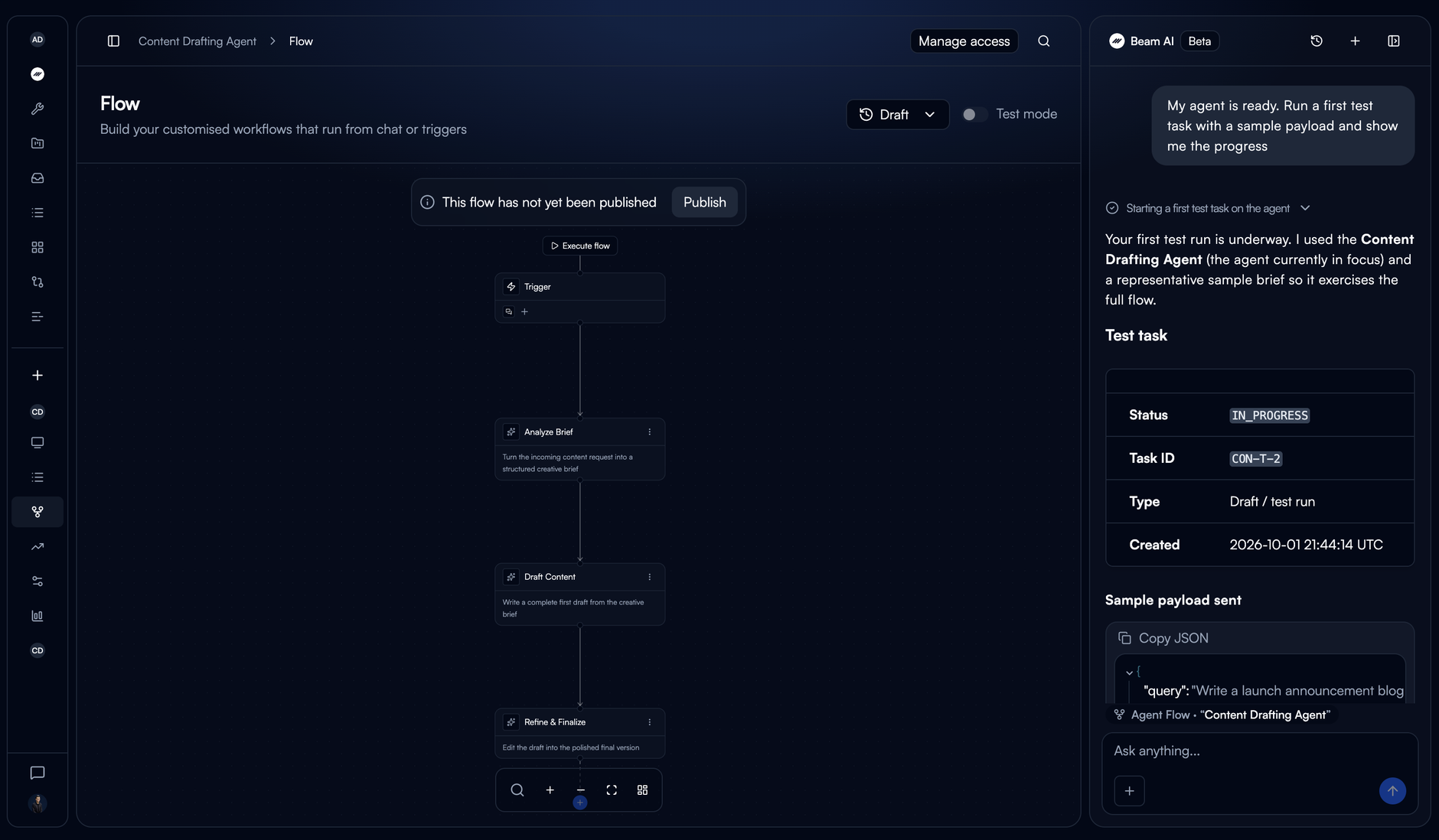 The new agent's Flow with the Beam AI panel open, running a first test task and showing its progress