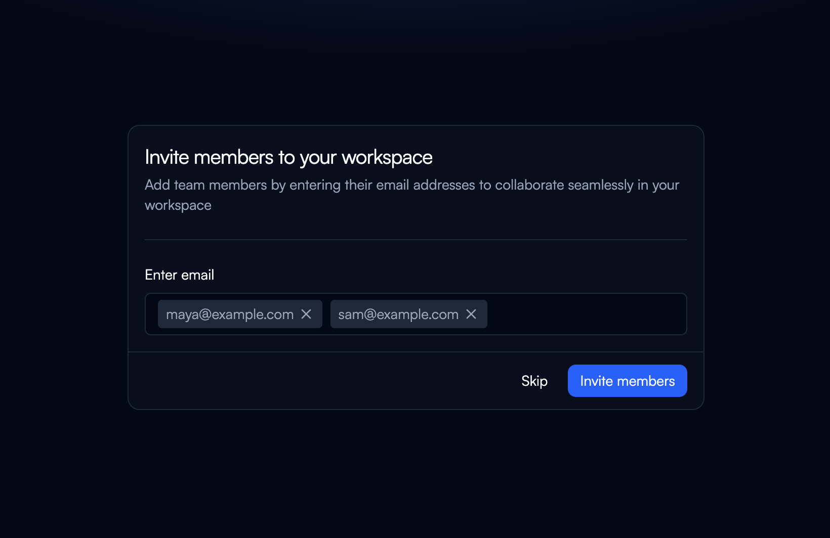 The Invite members to your workspace screen with two email addresses added and the Skip and Invite members buttons