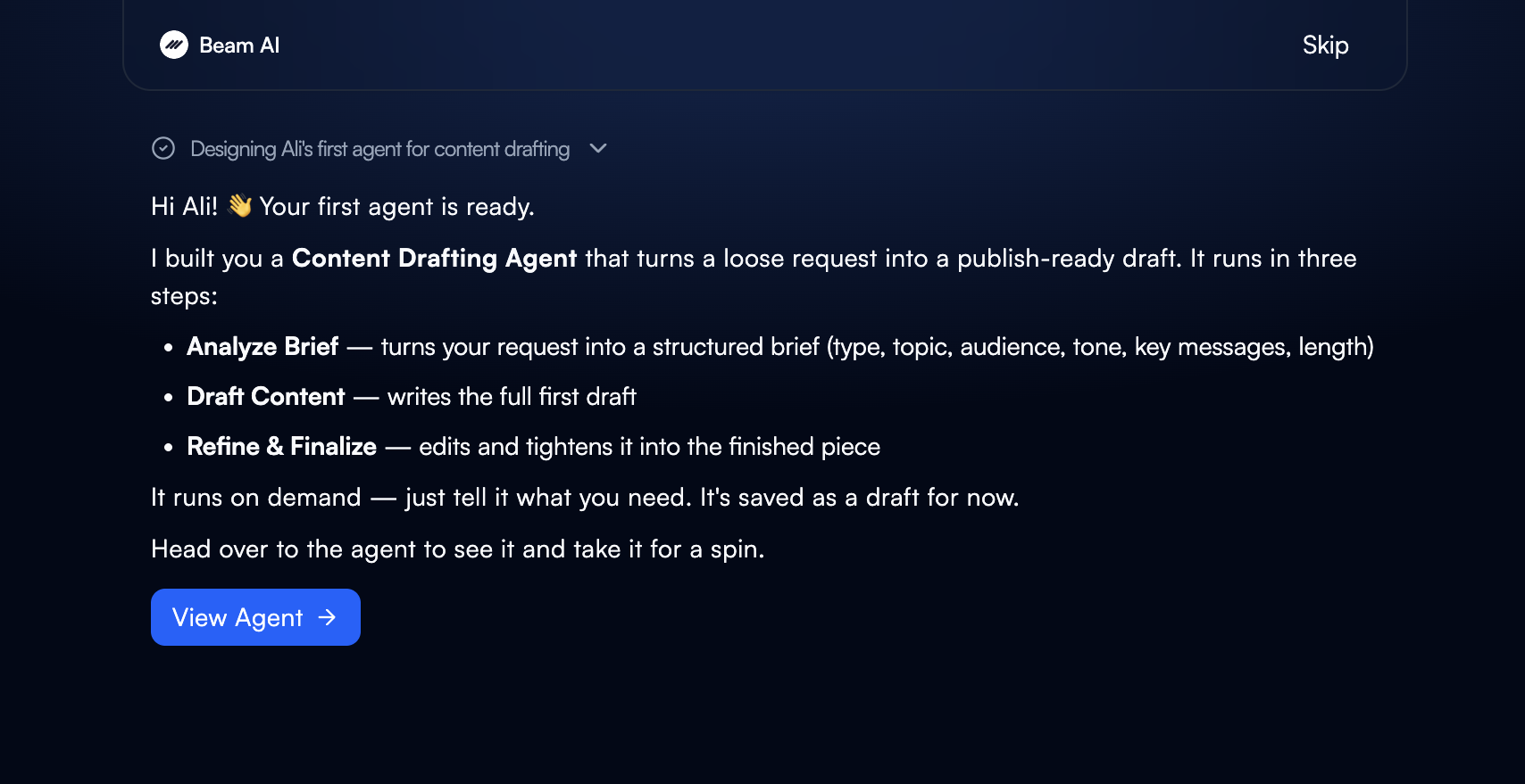 The onboarding chat with Beam AI's closing message describing the new agent and the View Agent button below it