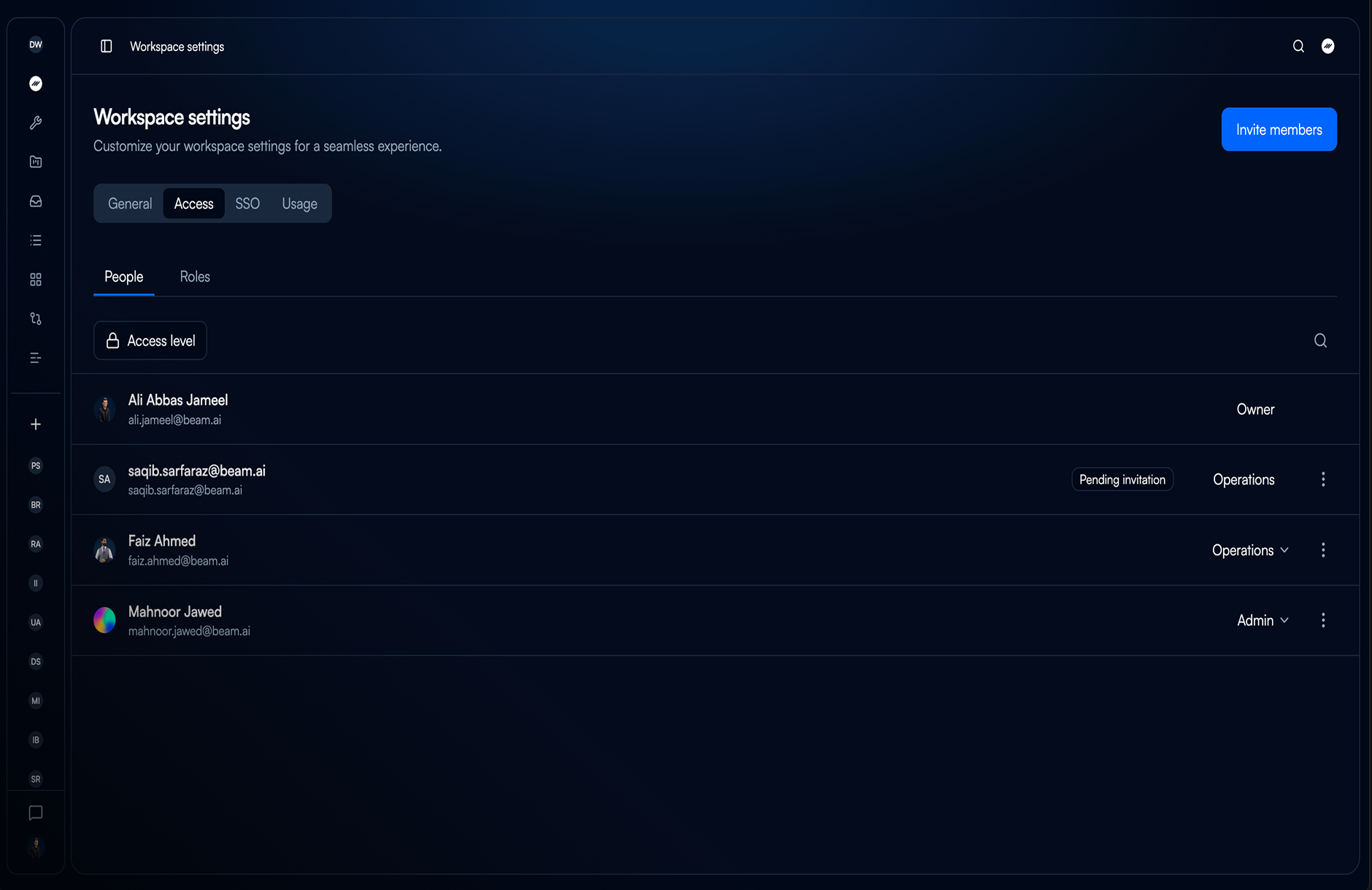 The People list under the Access tab of Workspace settings, showing each member and the role they hold