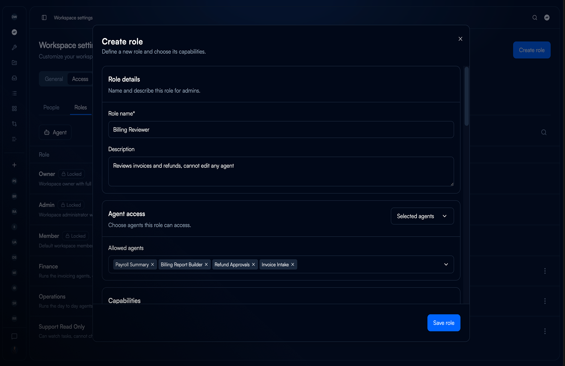 The Agent access section set to Selected agents with four agents ticked in the Allowed agents list