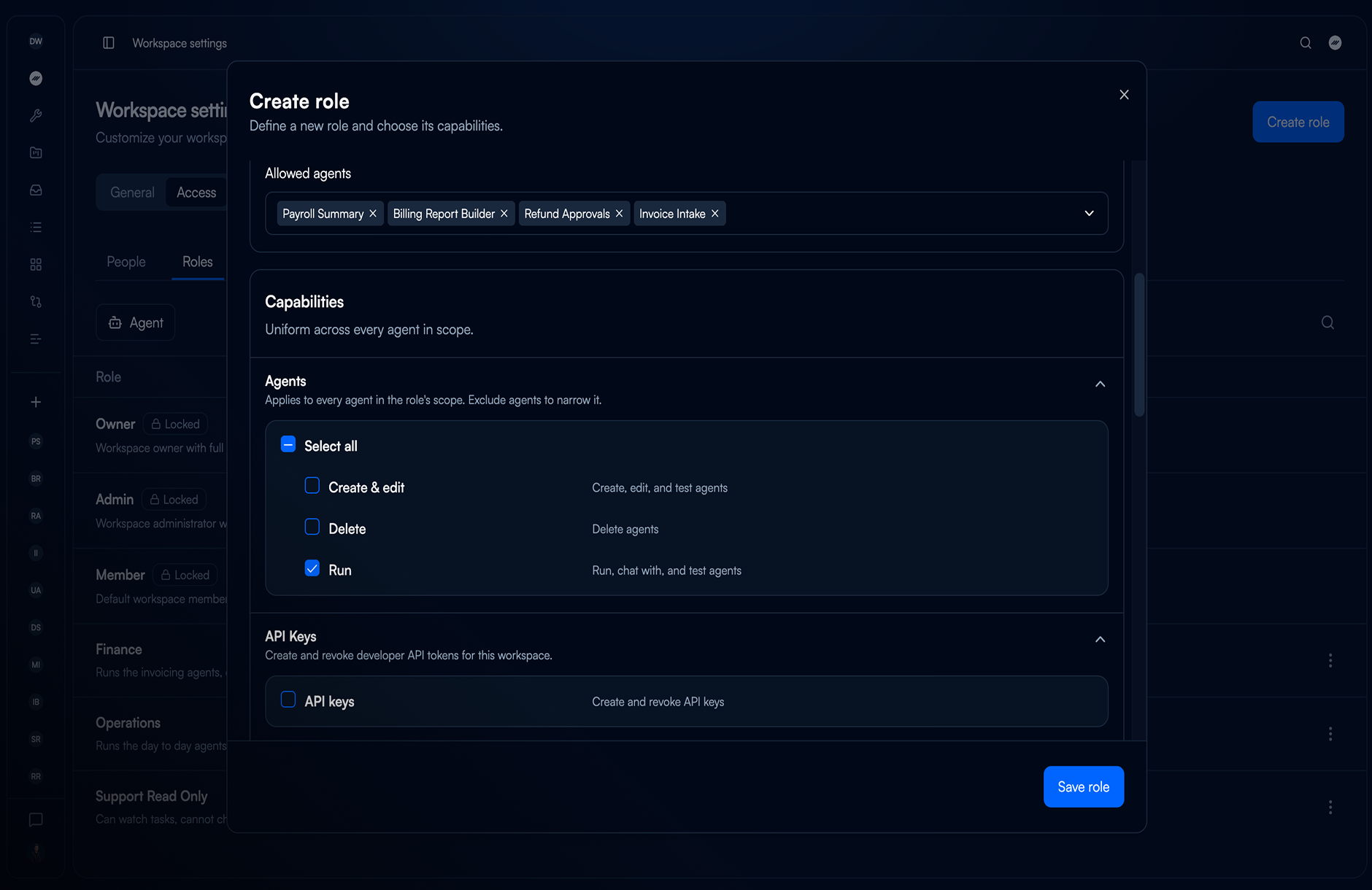 The Capabilities section of the role editor with the Agents group expanded showing Create & edit, Delete and Run