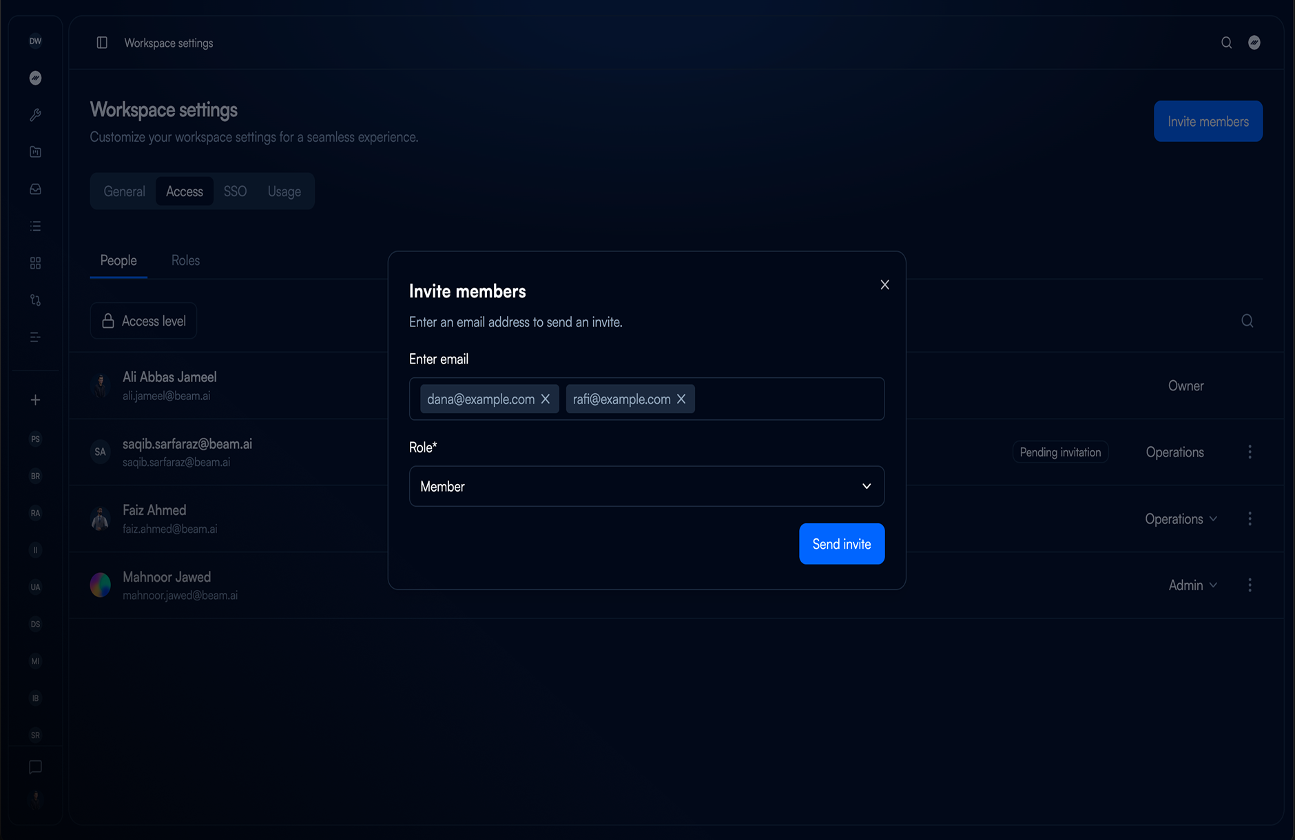 The Invite members dialog with two email addresses added and Role set to Member