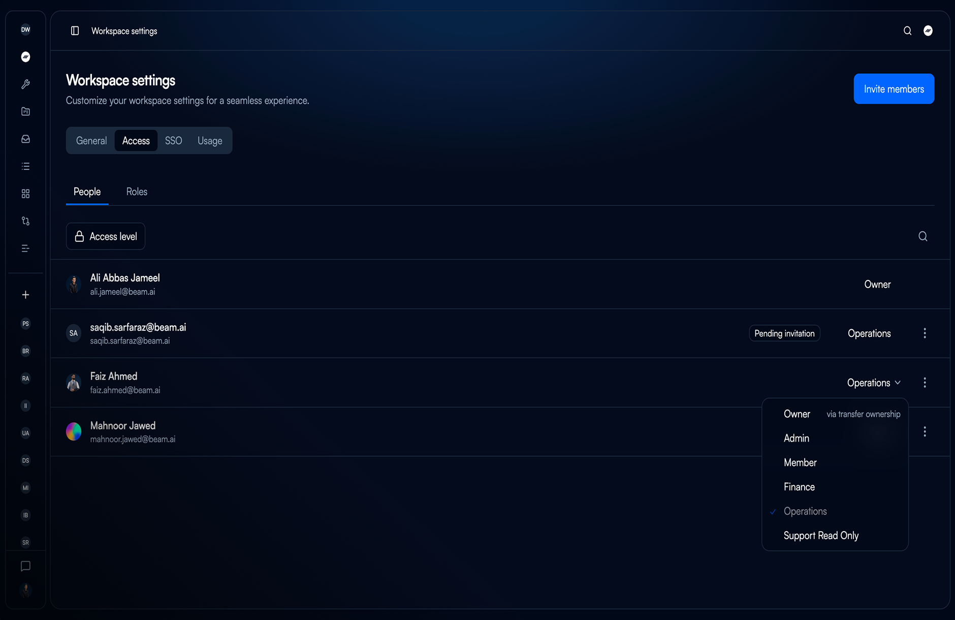 The People list with the role dropdown open on a teammate's row, showing Owner, Admin, Member and the custom roles