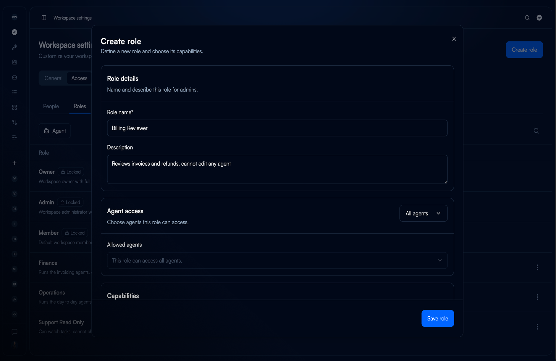 The Create role dialog showing the Role details section with a name and description filled in