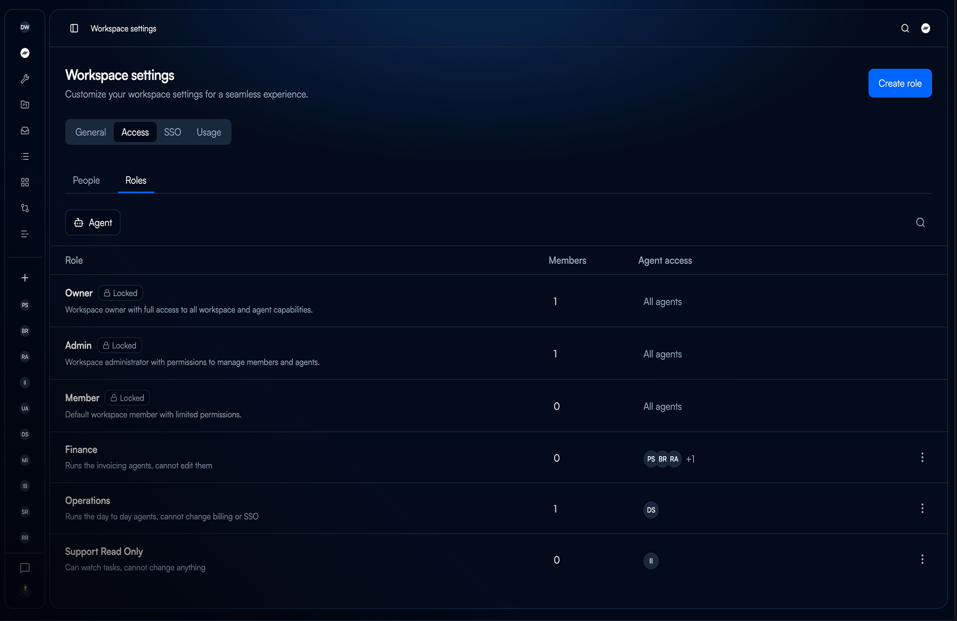 The Roles table under Workspace settings, listing Owner, Admin, Member and a custom role