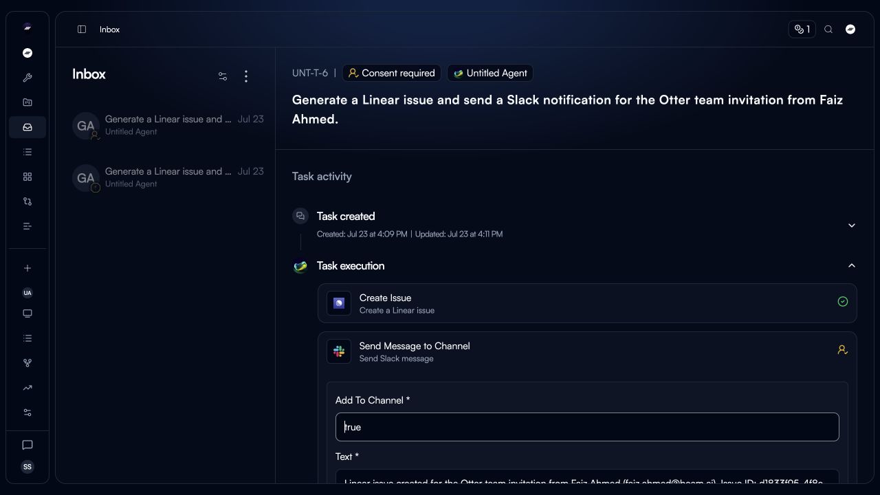 The current Inbox with a consent-required notification selected, showing the task details and paused Slack action.
