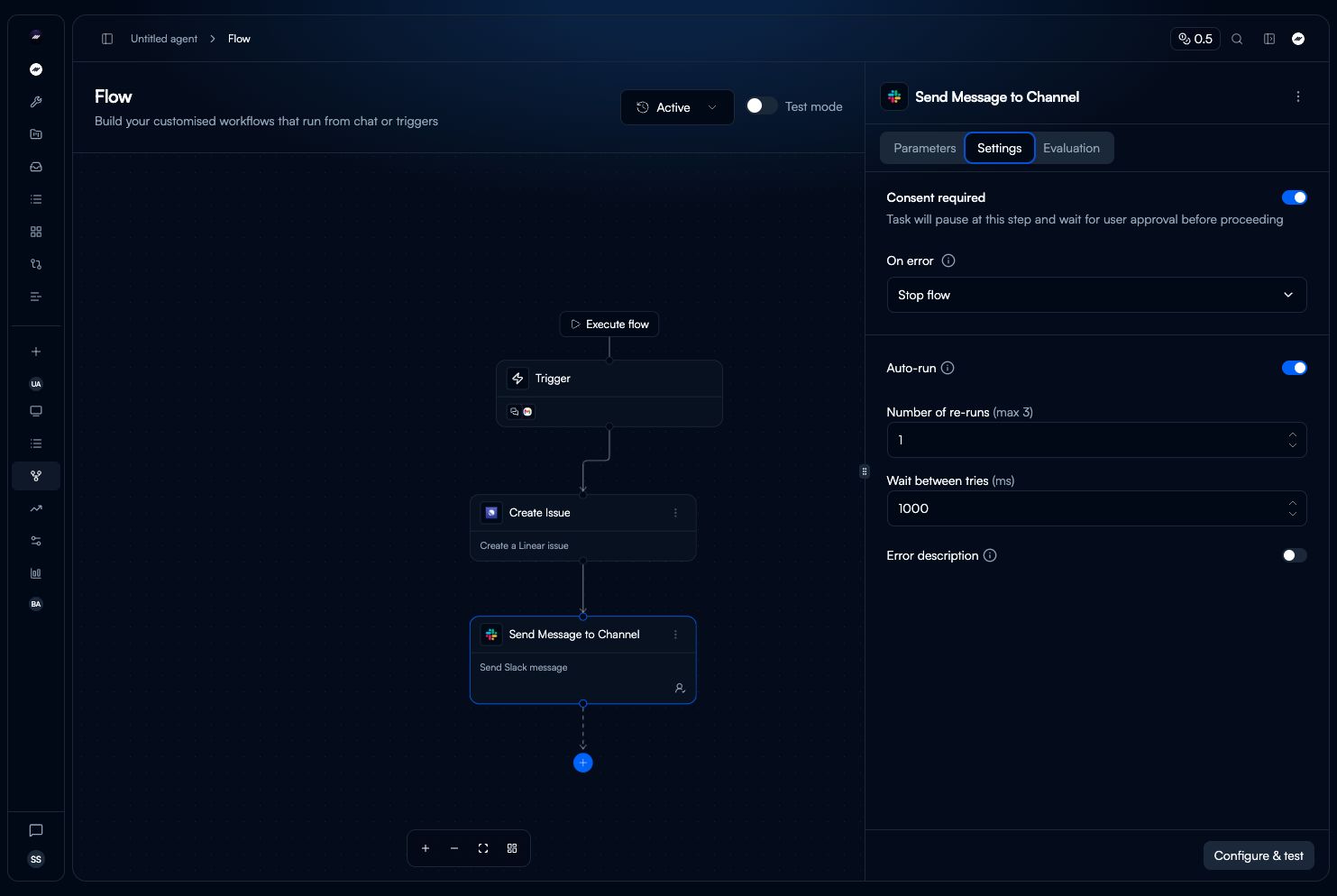 The current Flow node sidebar with Settings selected and Consent required enabled.