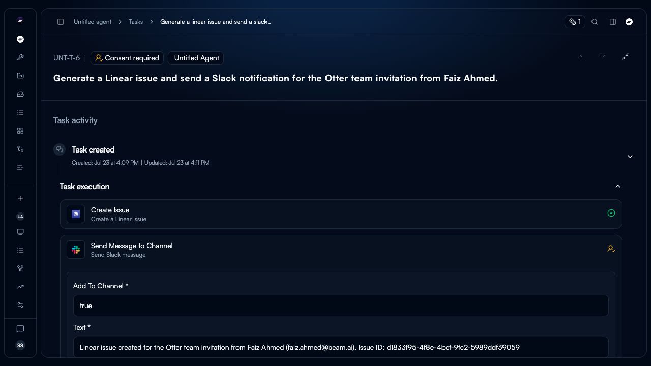 The current task detail page for a Consent required task, showing the completed and paused Flow nodes.