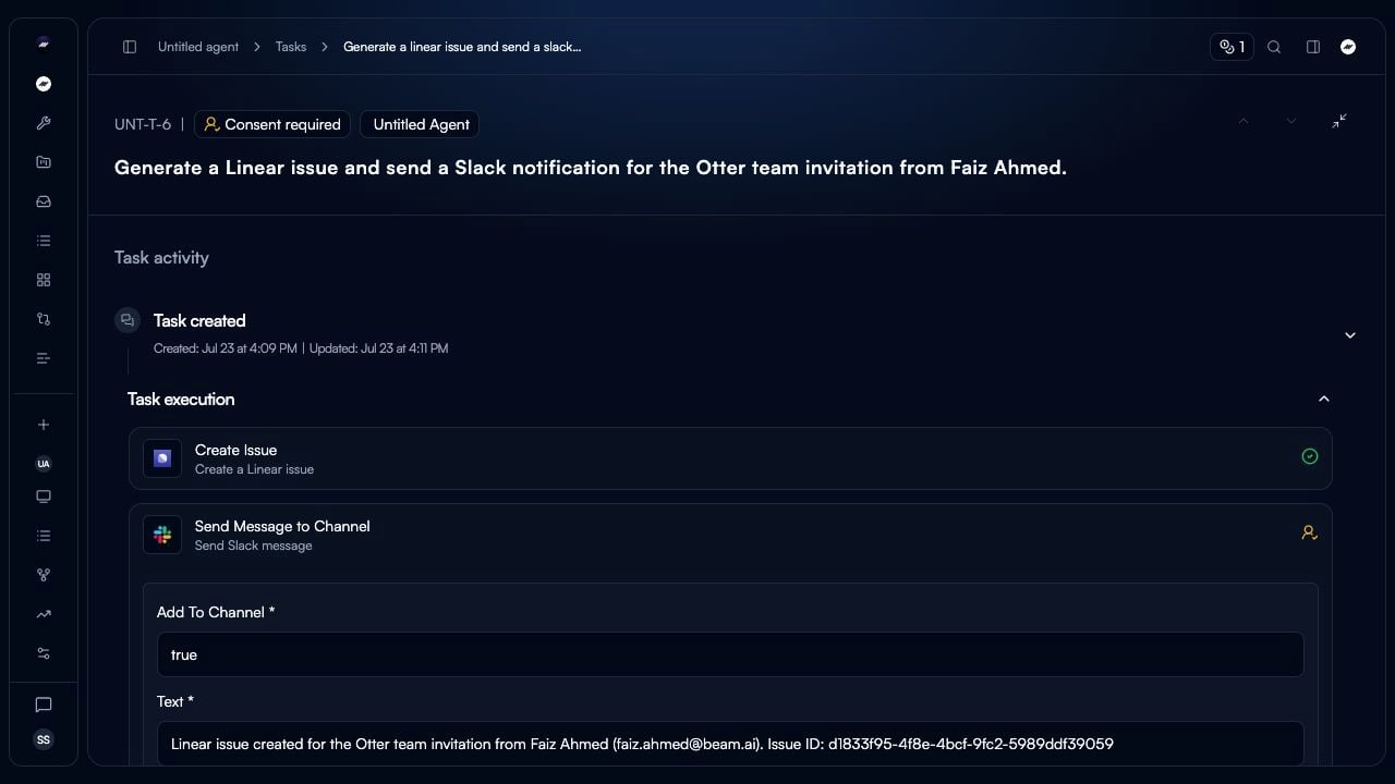 The current task detail page for a Consent required task, showing the completed and paused Flow nodes.