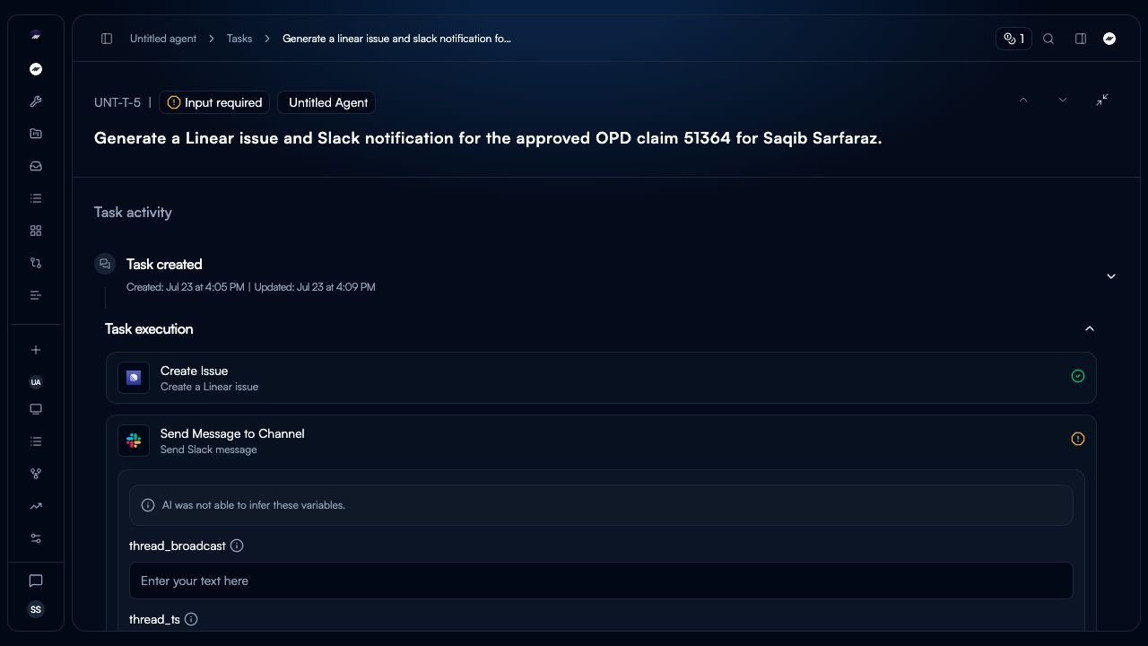 The current task detail page showing an Input required task and the fields needed to continue.