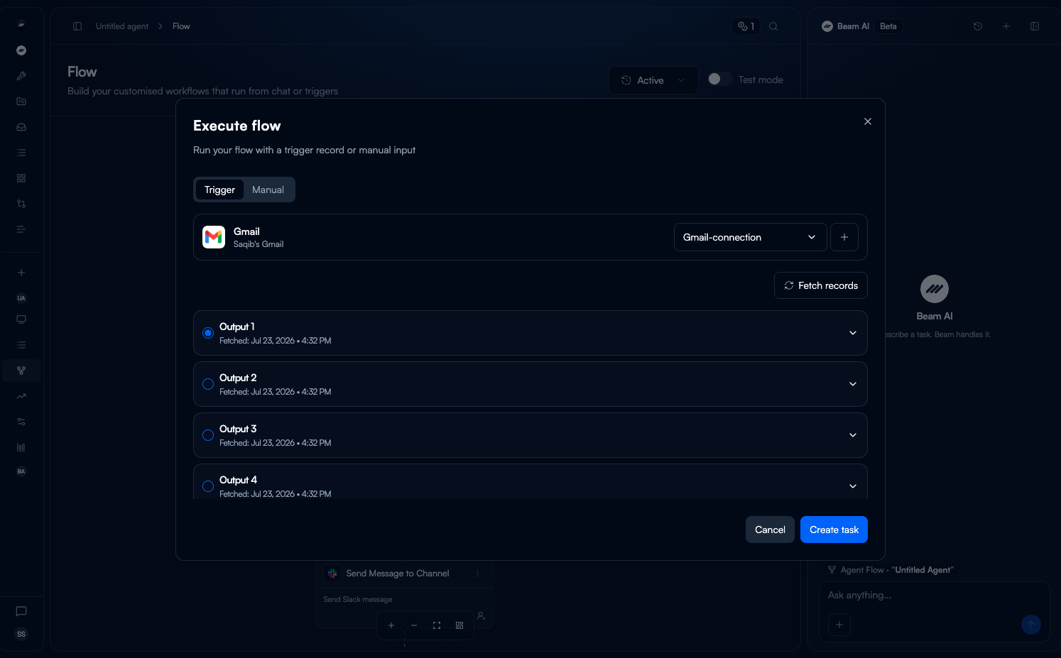 The current Execute flow dialog with Trigger and Manual tabs.