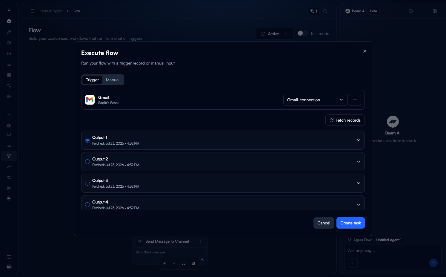 The current Execute flow dialog with Trigger and Manual tabs.