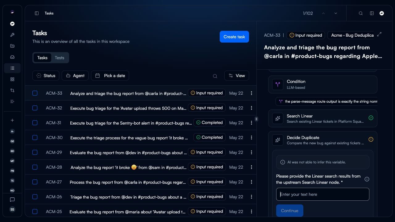 The current task detail panel showing an Input required task, its Flow execution, an input field, and Continue.