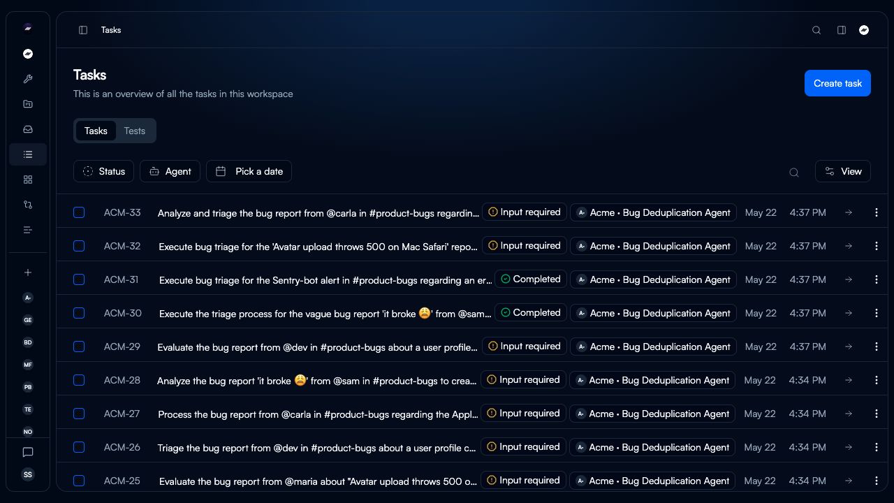 The current workspace Tasks page, with task rows, statuses, agent names, filters, and view controls.