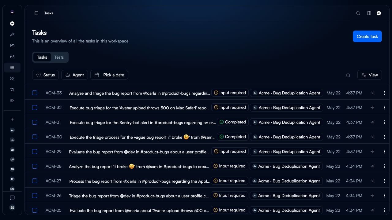 The current workspace Tasks page, with task rows, statuses, agent names, filters, and view controls.