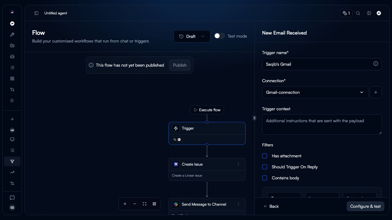 Current Gmail New Email Received trigger configuration in the Flow sidebar showing trigger name, Gmail connection, trigger context, filters, and Configure and test