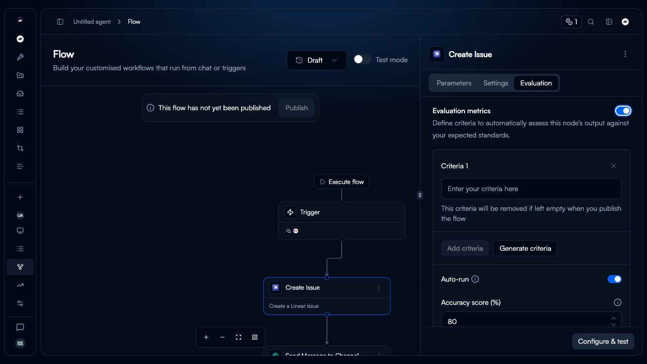 A selected Flow node with Evaluation metrics enabled, showing a criterion, Auto-run, and the accuracy score field.
