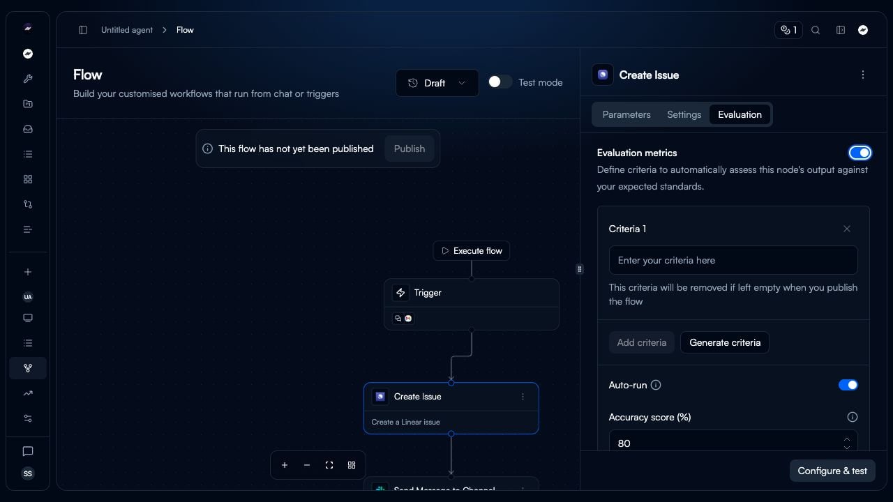 A selected Flow node with Evaluation metrics enabled, showing a criterion, Auto-run, and the accuracy score field.