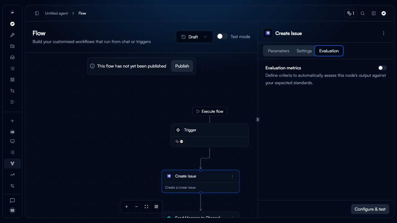 A selected Create Issue node in Flow with the Evaluation tab open and Evaluation metrics turned off.