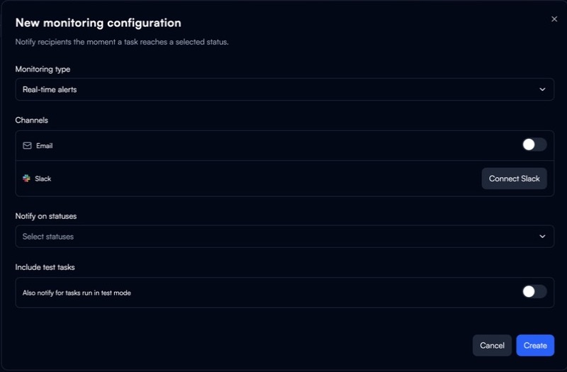 New monitoring configuration form with schedule, channels, task statuses, and test-task controls