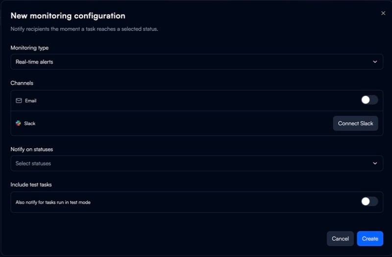New monitoring configuration form with schedule, channels, task statuses, and test-task controls
