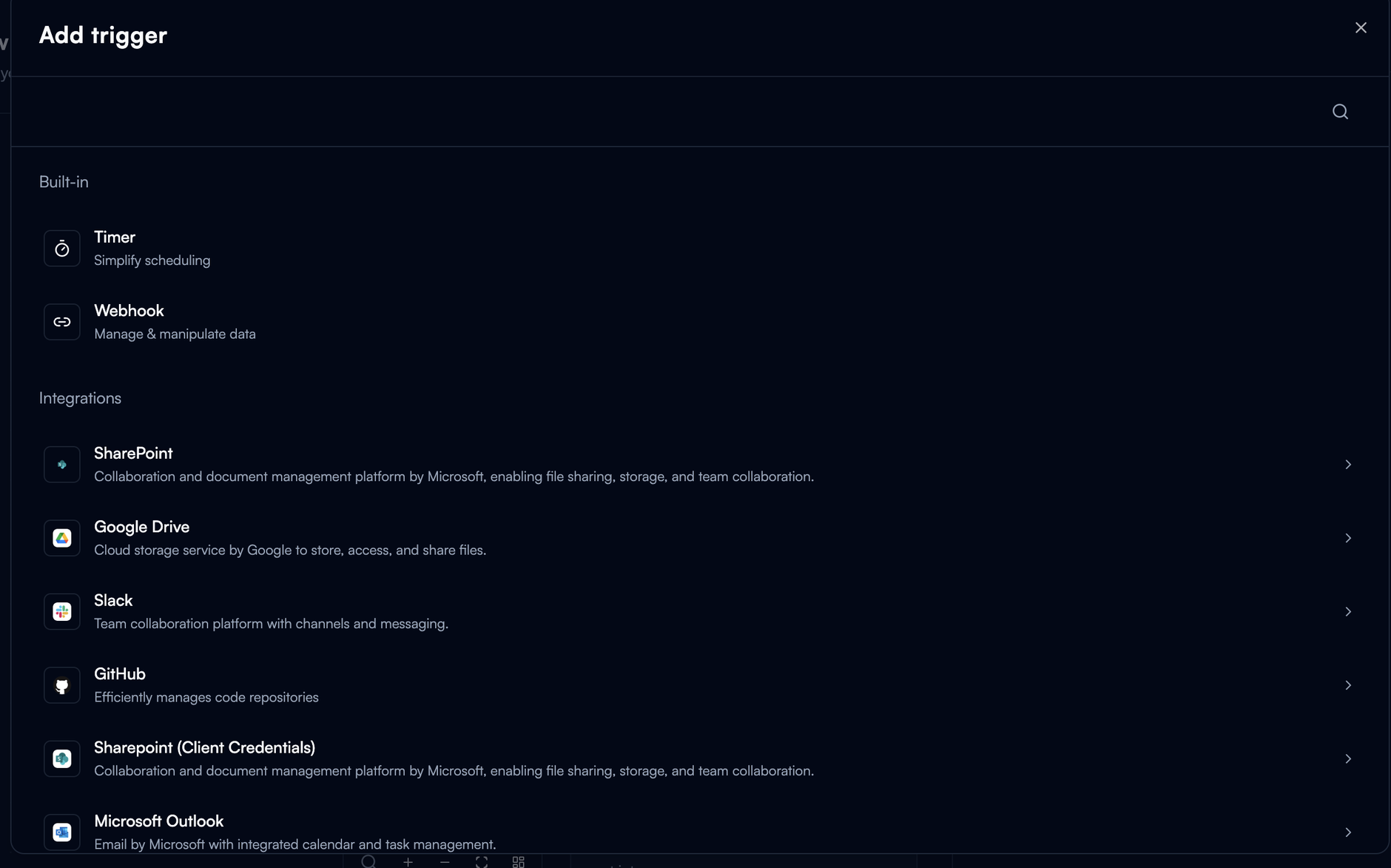 The Add trigger window with the Built-in triggers and the Integrations list