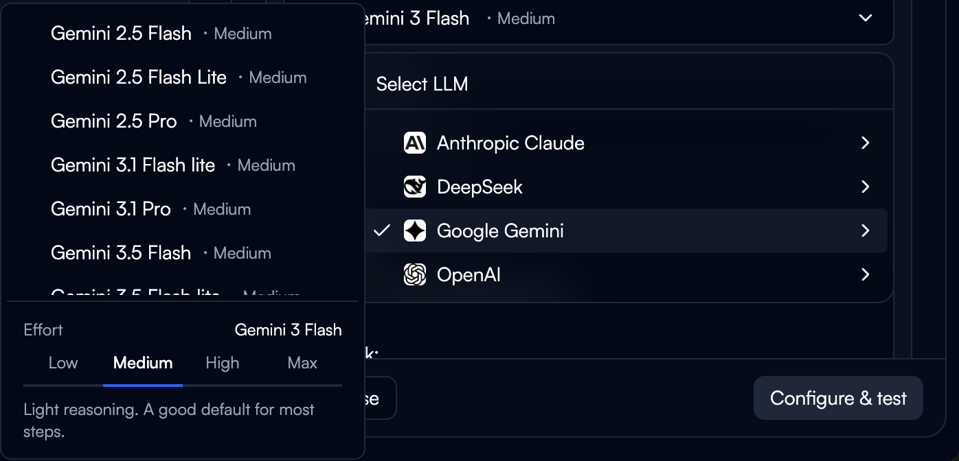 The LLM picker open on an AI step, with one submenu of models expanded and the Effort options below the models