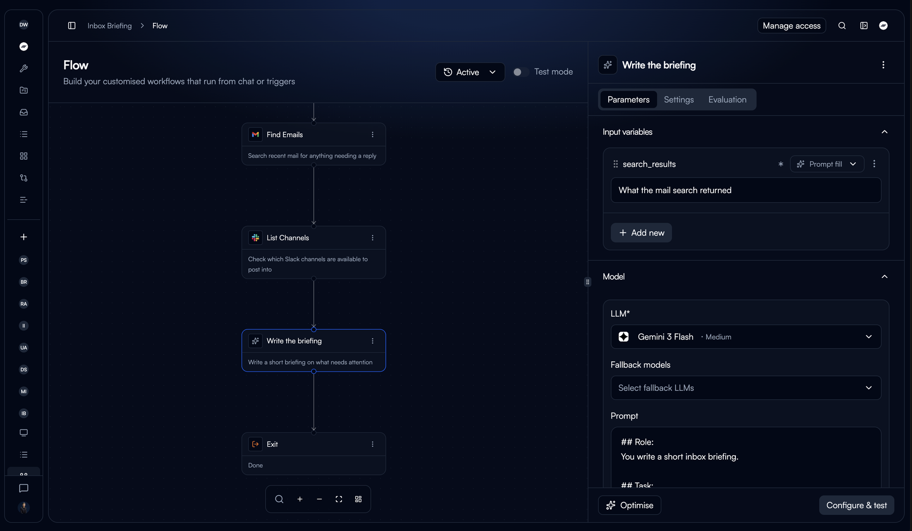 The sidebar of an AI step with the Parameters, Settings, and Evaluation tabs, the Model section open, and Configure and test at the bottom