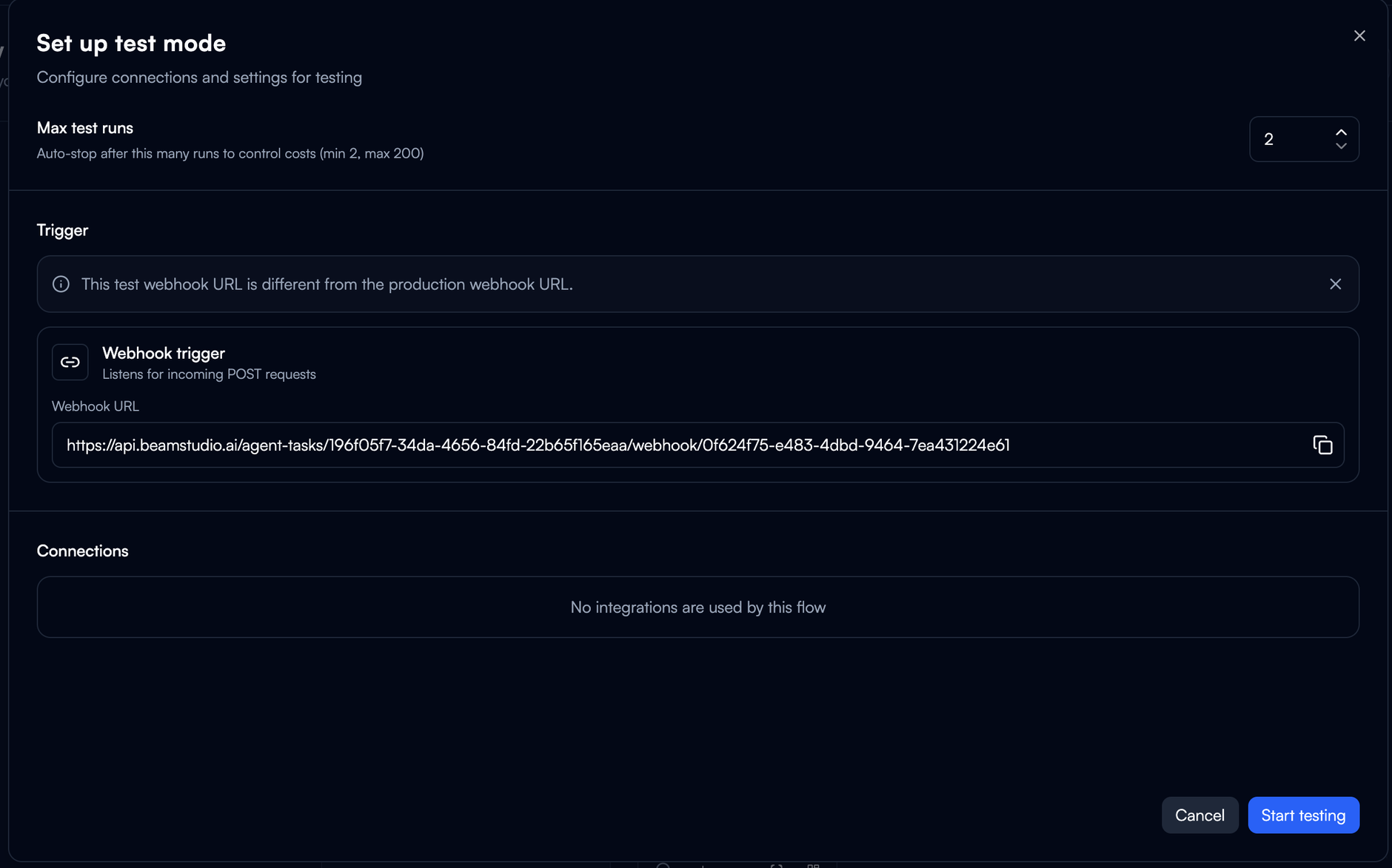 The Set up test mode window with Max test runs, Trigger, Connections, and the Start testing button