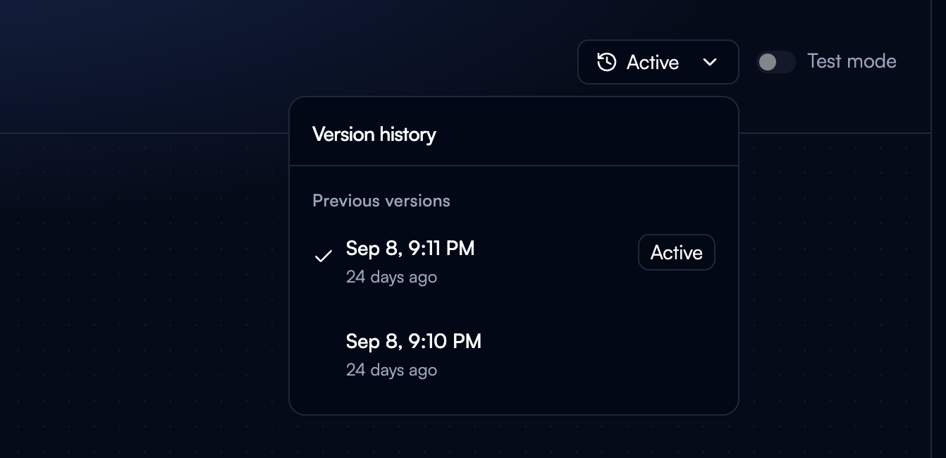 The Version history menu open under the version button, listing the current version and the previous versions