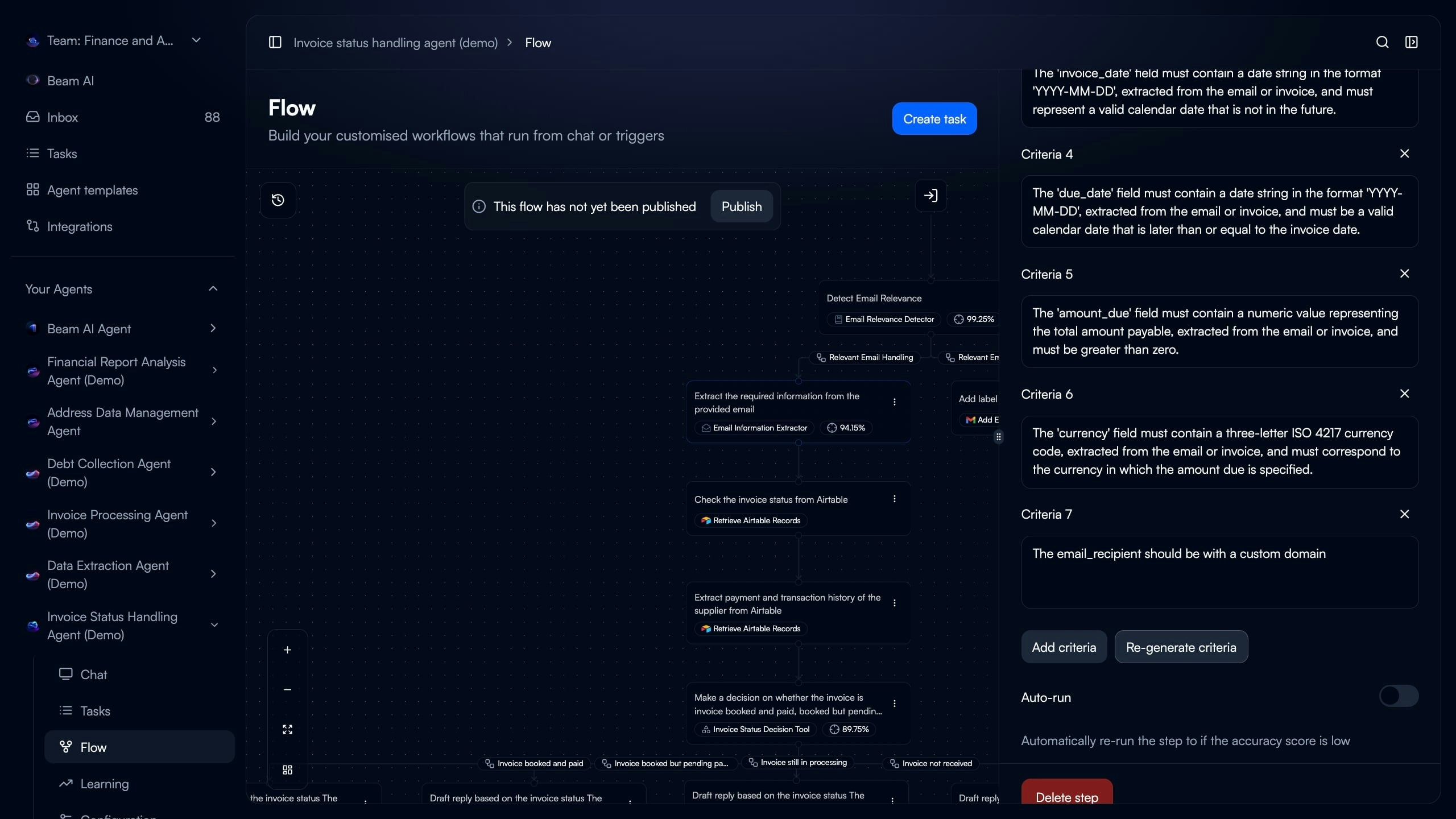 Flow builder showing evaluation criteria panel with multiple validation rules for invoice fields