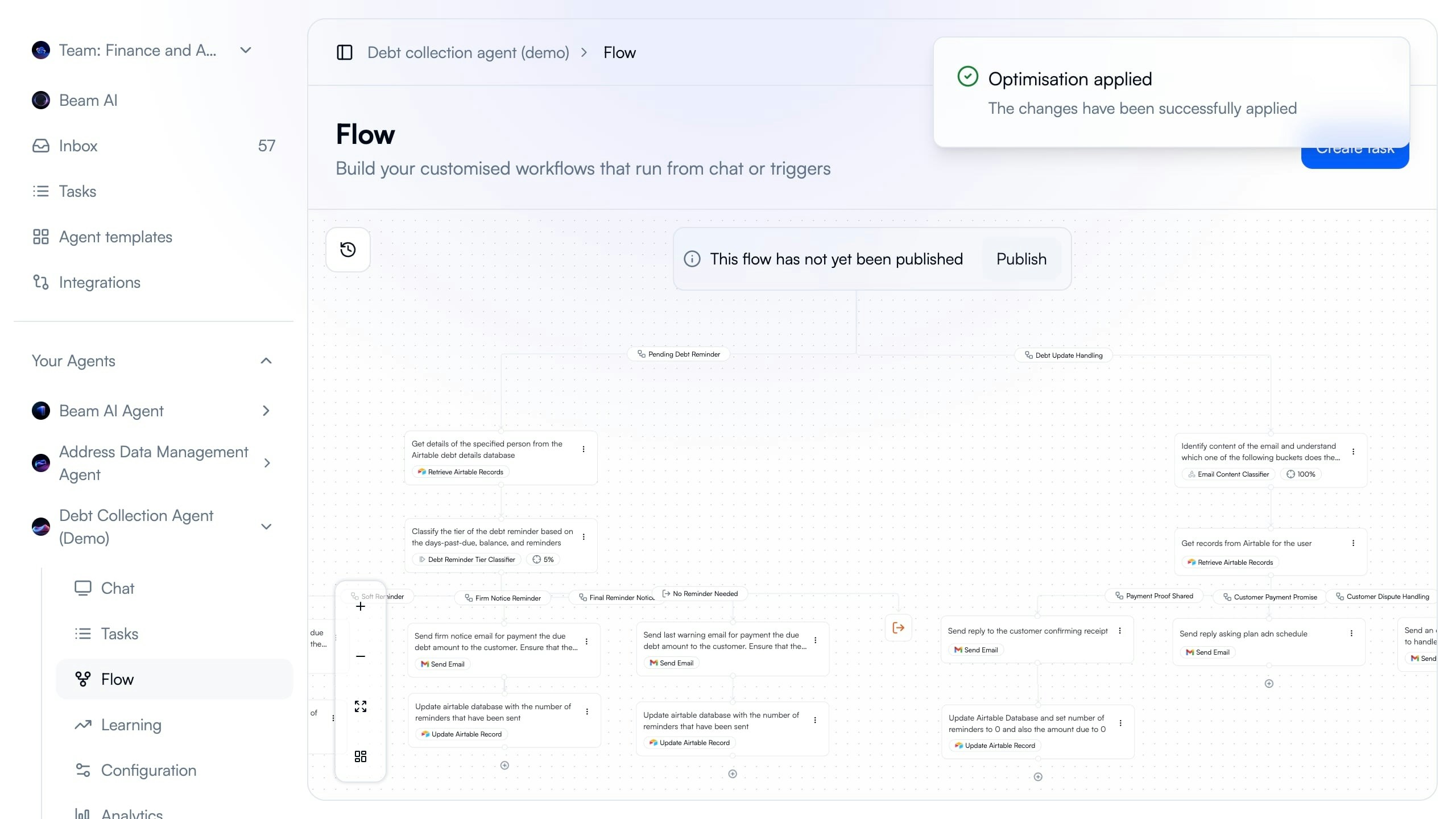 Flow builder showing Optimisation applied success message with Publish button to deploy changes