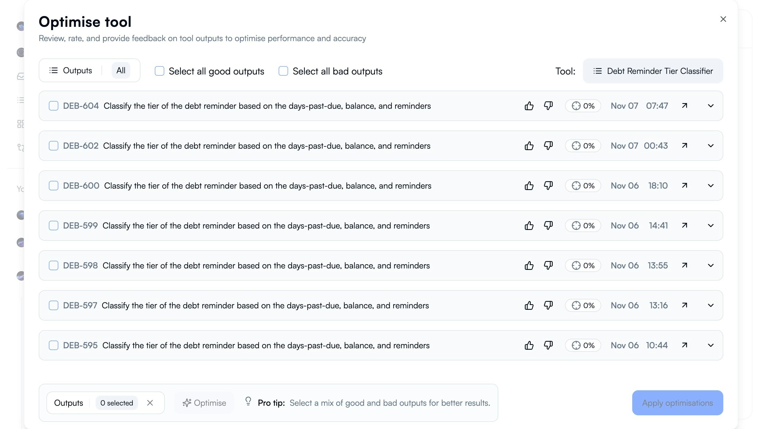 Optimize tool modal showing list of failed outputs all at 0% accuracy for Debt Reminder Tier Classifier