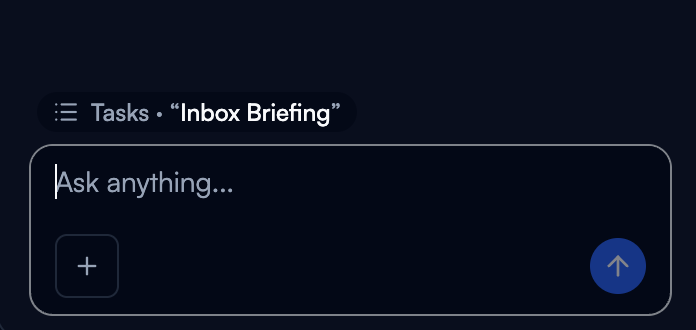 The bottom of the copilot panel showing the Tasks context pill with the agent name, above the composer with its plus button and send arrow