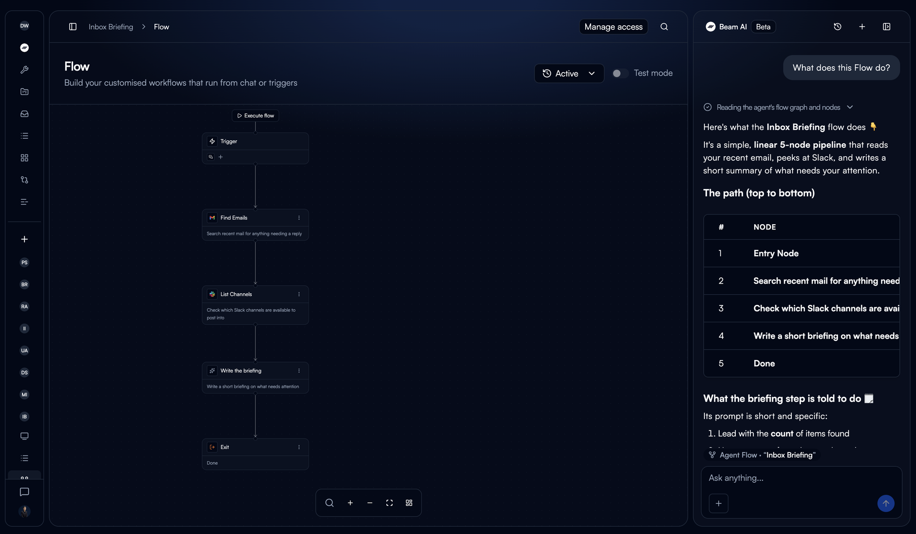 The Beam AI copilot panel open on the right of an agent's Flow page, with the Agent Flow context pill above the Ask anything composer