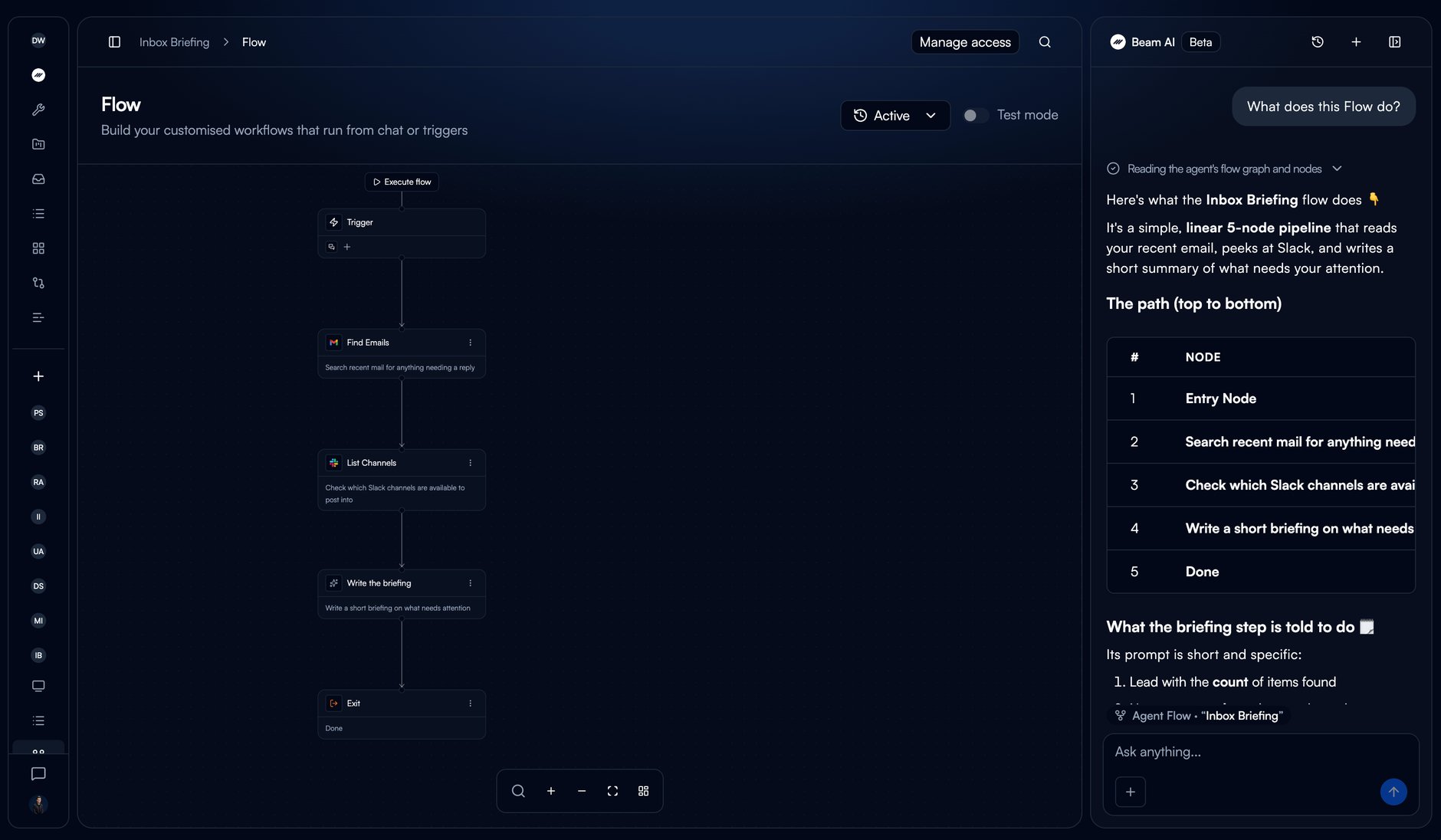 The Beam AI copilot panel open on the right of an agent's Flow page, with the Agent Flow context pill above the Ask anything composer