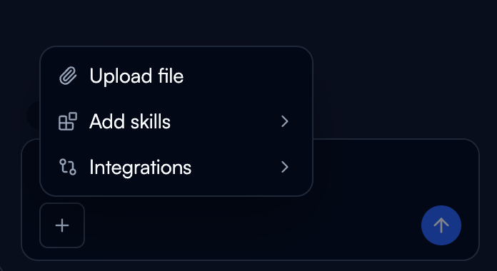 The plus menu open beside the copilot composer, listing Upload file, Add skills and Integrations