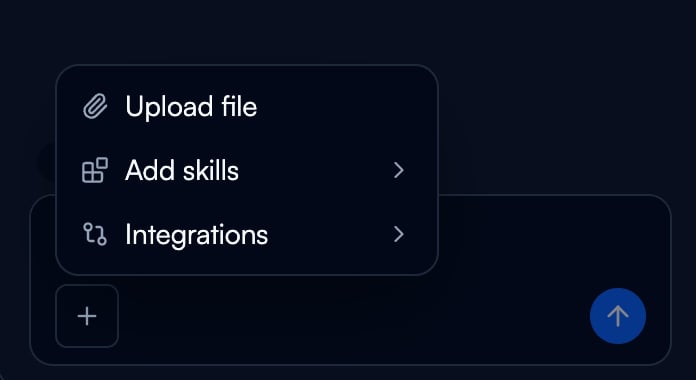 The plus menu open beside the copilot composer, listing Upload file, Add skills and Integrations