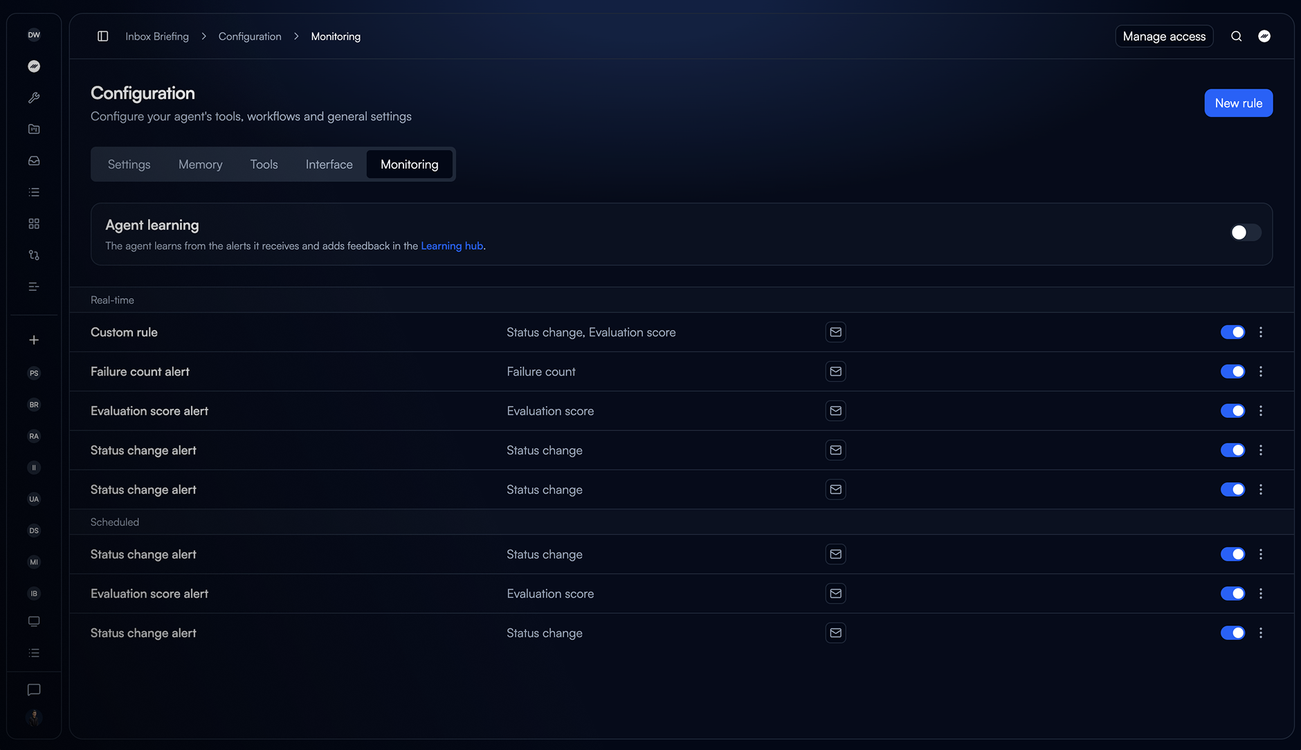 The Monitoring tab of an agent, with the Smart monitor band at the top and rules grouped under Real-time and Scheduled